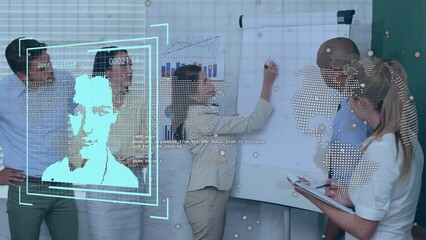 Poster - Animation of globe and data processing over diverse business people in office