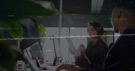 Poster - Animation of financial data processing over diverse business people in office
