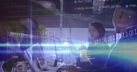 Poster - Animation of financial data processing and binary coding over diverse business people in office