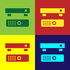 Poster - Pop art Multimedia and TV box receiver and player with remote controller icon isolated on color background. Vector