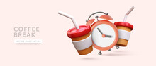 Coffee Cup With Alarm Clock In 3d Realistic Style. Vector Illustration
