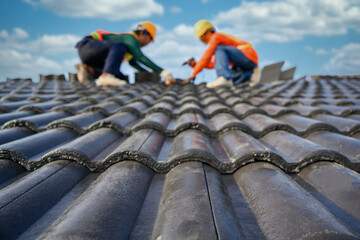 a roofer's blurry background while they work on a home's roof drill the screws needed to secure the 