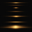 Pack of golden bright horizontal highlights, rays, lines on a transparent background. Laser beams, horizontal light beams.