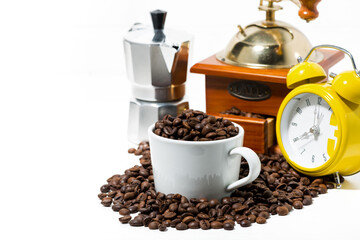 Wall Mural - cup with coffee beans and breakfast symbols on white table