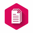 © vector_v - White File document icon isolated with long shadow. Checklist icon. Business concept. Pink hexagon button. Vector