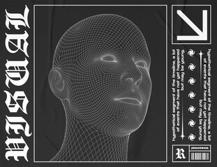 Wall Mural - high poly head, 3d human face mesh structure. in futuristic style, with techno design elements, prin