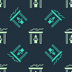 Wall Mural - Green and beige Aroma candle icon isolated seamless pattern on blue background. Vector