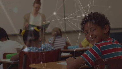 Sticker - Animation of network of connections over diverse pupils with female teacher