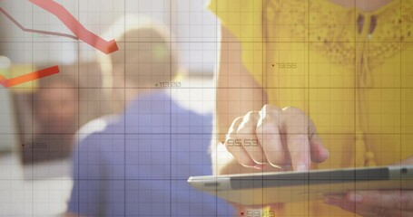 Poster - Animation of data processing over caucasian businesswoman with tablet