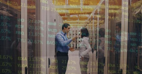 Poster - Animation of data processing over biracial workers in server room