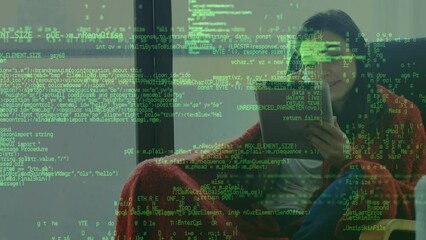 Poster - Animation of data processing over biracial businesswoman talking on smartphone