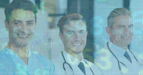 Poster - Animation of data processing over diverse doctors smiling