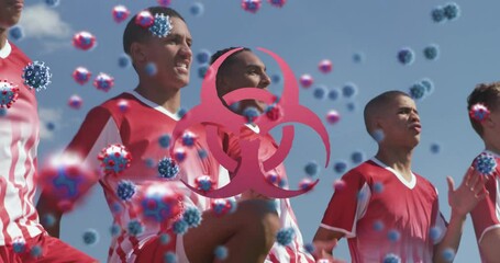 Poster - Animation of virus cells over diverse male football players exercising