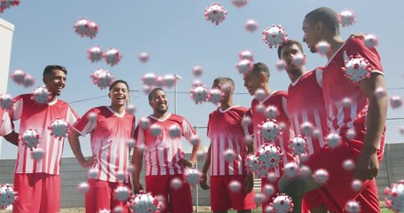 Poster - Animation of virus cells over diverse male football players smiling