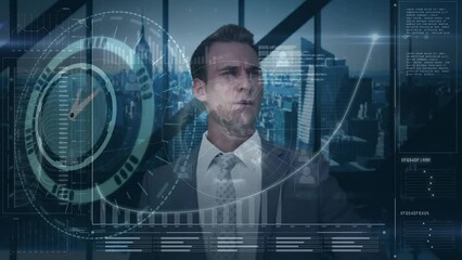 Poster - Animation of caucasian businessman, clock and diverse data processing on digital screen