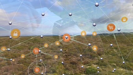 Poster - Animation of connections over landscape and caucasian man with smartwatch