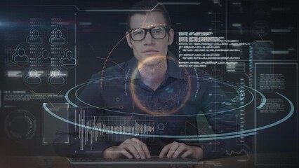 Poster - Animation of caucasian male hacker and diverse data processing on digital screen