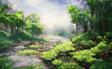 Wall Mural - Fantastic Epic Magical Forest Landscape. Summer beautiful mystic nature. Gaming assets. Celtic Medieval RPG background. Rocks and green trees. Rivers and streams. Sky with clouds. Postcard and stamp