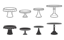 Set Of Cake Stands In Flat Icon Style. Empty Trays For Fruit And Desserts. Vector Silhouette And Outline Illustration.