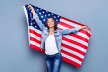 Portrait Of Attractive Positive Satisfied Lady Hold National American Flag Isolated On Grey Color Background