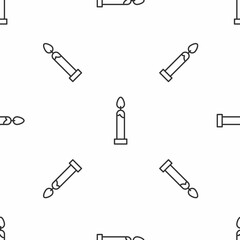 Poster - Grey line Burning candle icon isolated seamless pattern on white background. Cylindrical candle stick with burning flame. Vector Illustration