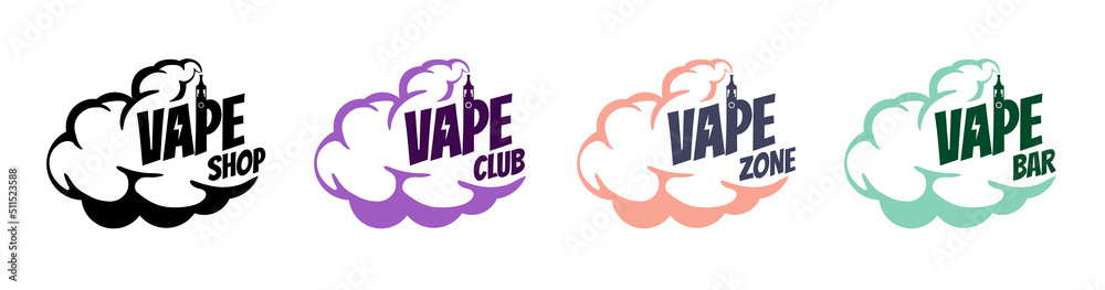 Vape shop vintage comic style logo set. Hipster cartoon vaporizer smoke  cloud with lettering. Electronic cigarette store logotype. E-cigarette  vaping seller badge vector eps design template Stock Vector | Adobe Stock