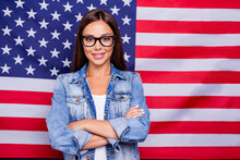 Portrait Of Cheerful Charming Lady Crossed Arms Beaming Smile Isolated On American National Flag