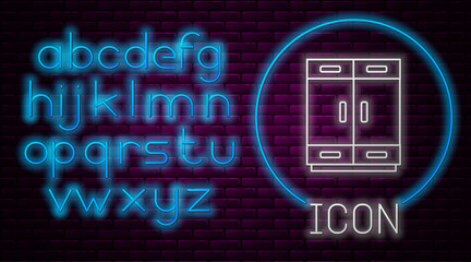 Sticker - Glowing neon line Wardrobe icon isolated on brick wall background. Neon light alphabet. Vector