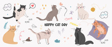 Cute Cats And Funny Kitten Doodle Vector Set. Happy International Cat Day Characters Design Collection With Flat Color In Different Poses. Set Of Adorable Pet Animals Isolated On White Background.