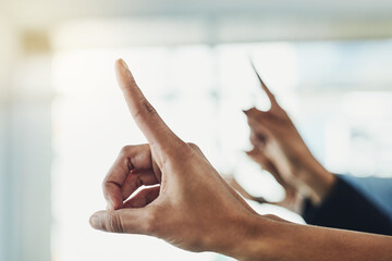 Poster - Just a few questions. Closeup shot of unrecognizable people raising their hands to ask a question.
