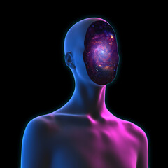abstract creative illustration from 3d rendering of female bust figure with galaxy deep space partic