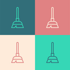 Sticker - Pop art line Handle broom icon isolated on color background. Cleaning service concept. Vector