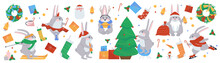 Christmas Banner With Cute Christmas Bunnies. Hare Skier. The Rabbit Is Decorating The Tree. Bunny Santa Claus. Flat Vector Illustration. Eps10