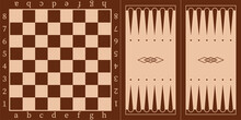 Brown Wooden Chessboard And Backgammon Board For Playing With Chips And Dice, Top View Vector Illustration. Abstract Pattern For Tabletop, Vintage Empty Checkerboard For Strategy Games Background.