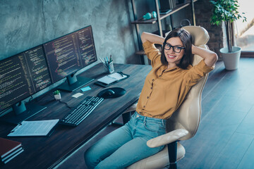 Aufkleber - portrait of attractive cheerful experienced girl company director developing web site project at wor