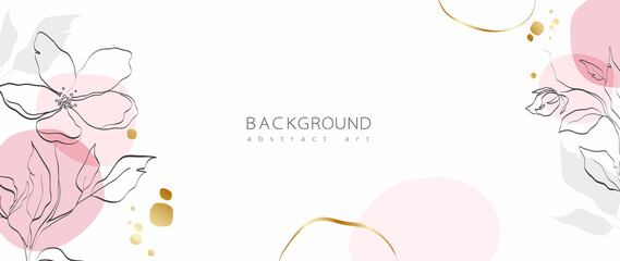 Abstract art background vector. Minimal style wallpaper with golden line art flower and botanical leaves, Organic shapes, Watercolor. Vector background for banner, poster, Web and packaging.