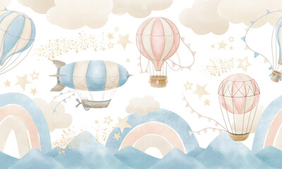 wallpaper with hot air balloons. seamless wall paper for baby room. pattern with clouds, rainbow and