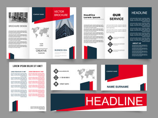 Wall Mural - Tri fold red brochure design with square shapes, corporate business template for tri fold flyer. Collection of folded brochures, annual report, business card. For printing, A4 magazine cover.