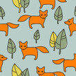 vector red fox cub, decorative trees leaves, simple vintage cute illustration wallpaper cloth