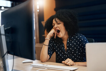 Aufkleber - This work has made me so tired. Shot of a young tired looking female designer falling asleep behind her computer at the office during the day.
