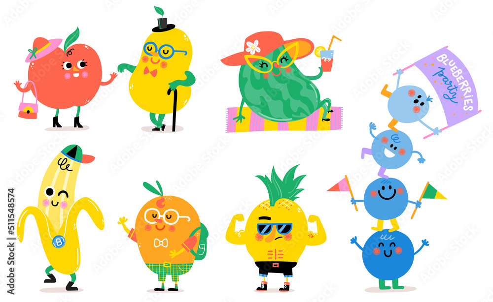 Happy Fruit Cartoon Characters. Illustrated kids design set. Miss Apple ...