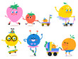 Happy Fruit Cartoon Characters. Illustrated kids design set. Strawberry Lemon scooter quince skater orange mom and baby. Cutie Frutti Collection 