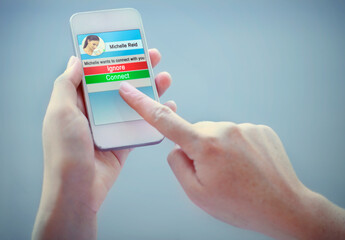 Poster - A cropped shot of someone using a social app on their smart phone. All screen content is designed by us and not copyrighted by others, and upon purchase a user license is granted to the purchaser. A