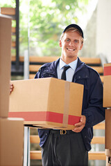 Sticker - I deliver on time with no hassle. Shot of a happy courier holding a box.