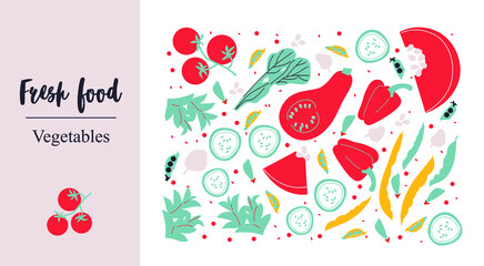 Fresh Food Vegetables. Cute appetizing Vegetables collection illustrations. Flat abstract Vector. Hand-drawn modern illustrations with Vegetables, abstract elements. Healthy lifestyle