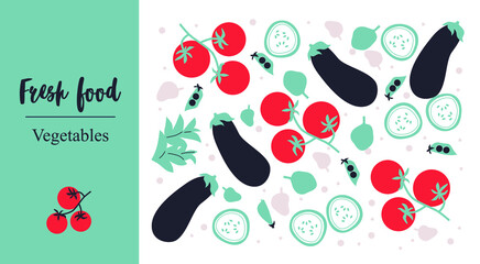 Wall Mural - Fresh Food Vegetables. Cute appetizing Vegetables collection illustrations. Flat abstract Vector. Hand-drawn modern illustrations with Vegetables, abstract elements. Healthy lifestyle