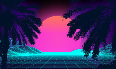 Wall Mural - 3d sunset on the beach. retro palms vector sci fi background. digital landscape cyber surface. 80s p