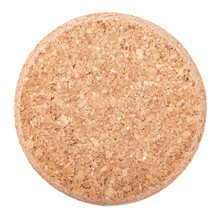 Round Cork Board Isolated On White Background, Close Up. Cork Table Coaster. File Contains Clipping Paths.