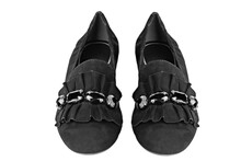 Women's Black Suede Moccasins Isolated In White Background. Classic Design, Traditional Silhouette.