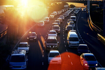 Getting home slowly. Shot of a traffic on the motorway.